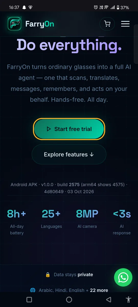 FarryOn website with the Start free trial button