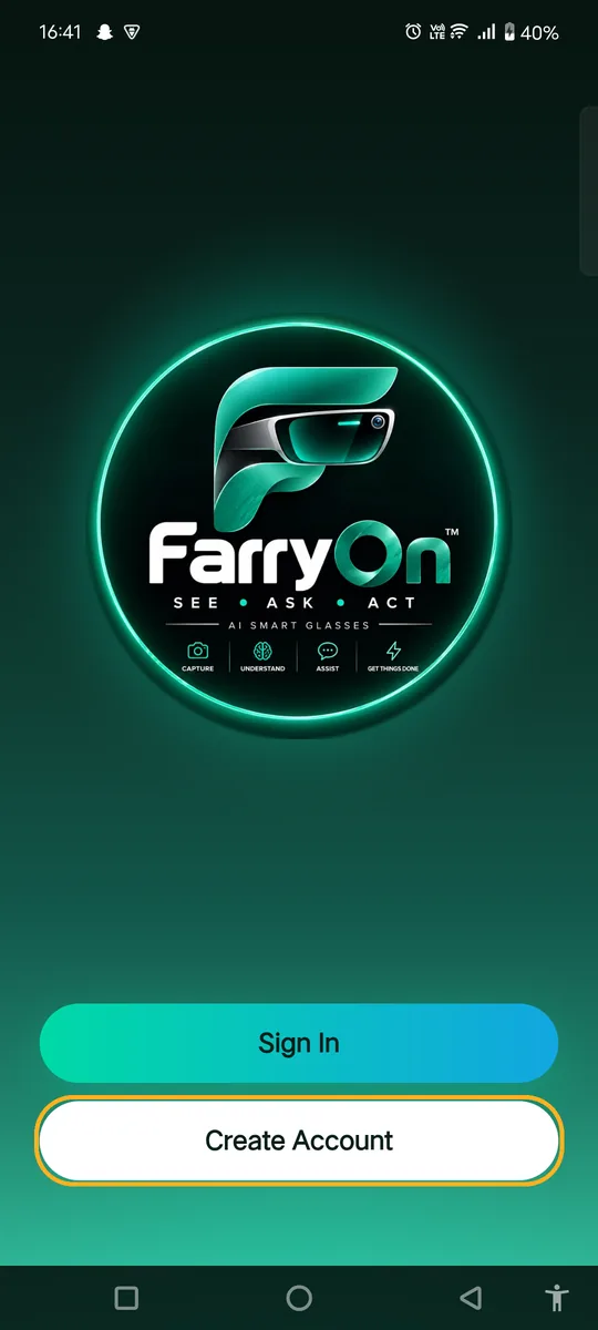 FarryOn welcome screen with Sign In and Create Account