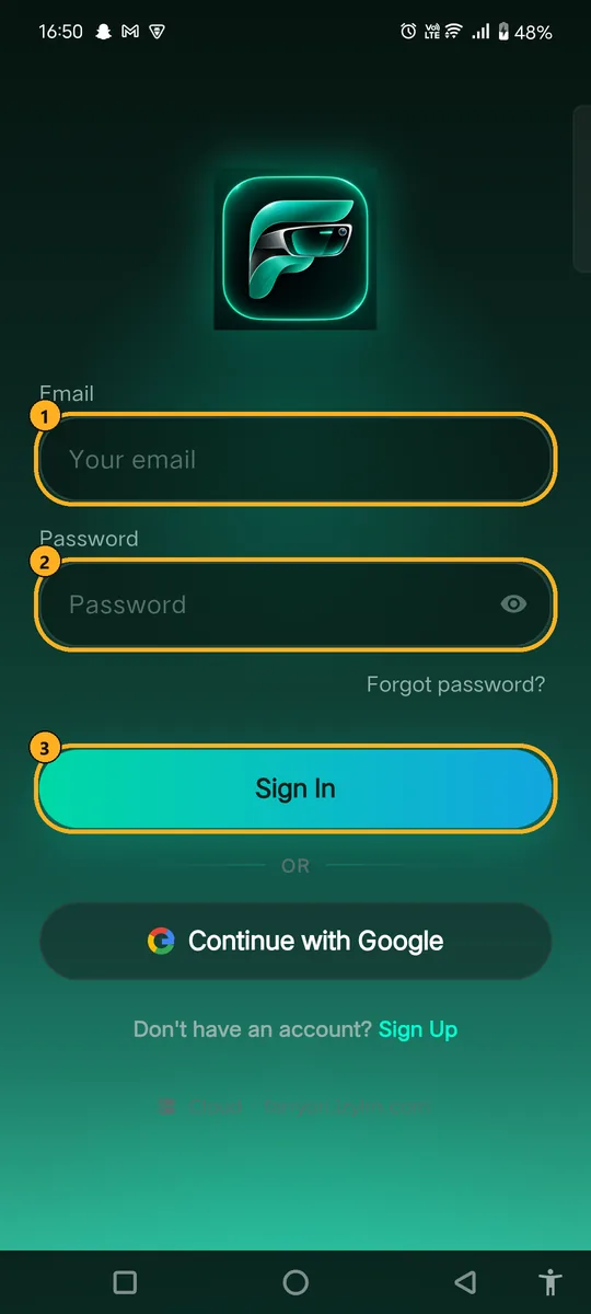 Sign in screen with email, password and Sign In marked