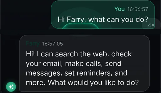 First conversation: Hi Farry, what can you do? and Farry's reply