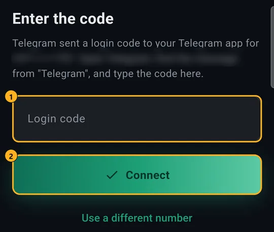 Enter the code: Login code and Connect