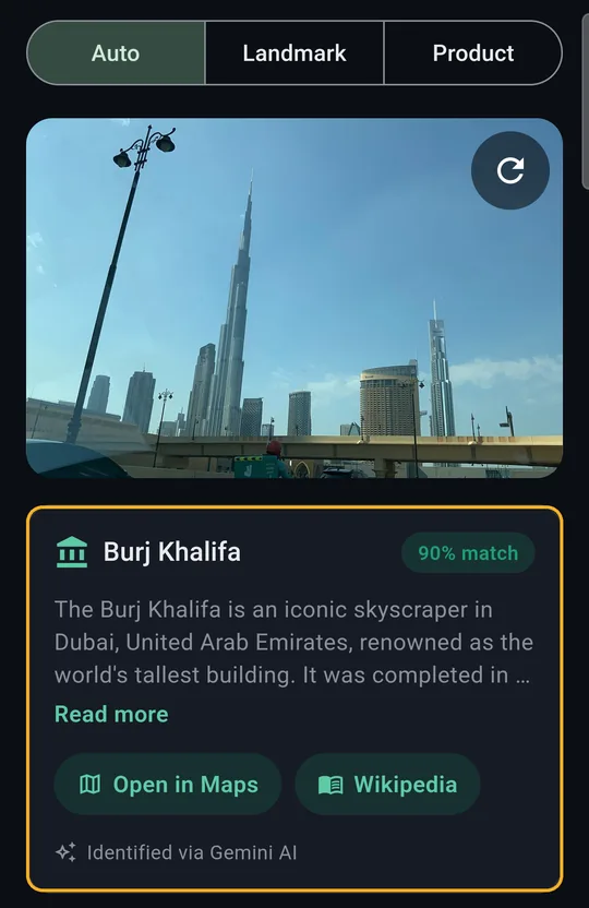Finder result: Burj Khalifa, 90% match, Open in Maps, Wikipedia