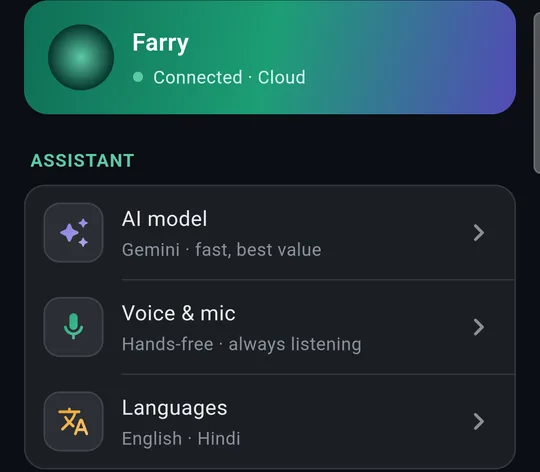 Settings top: Farry connected, Assistant section