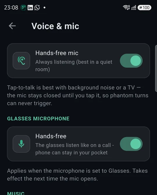 Voice and mic: hands-free mic, glasses hands-free, lower music