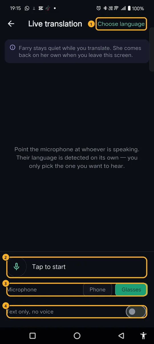 Live translation screen with four numbered controls