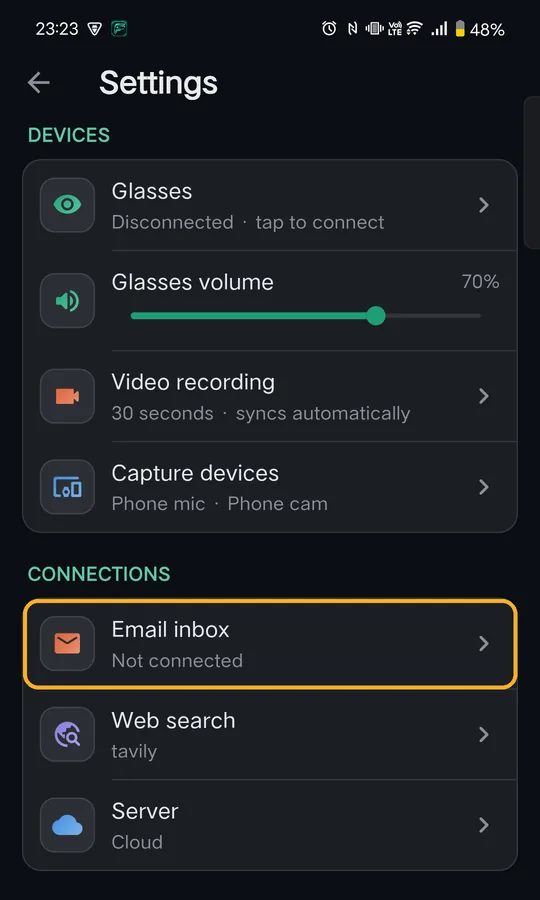 Settings with Email inbox marked