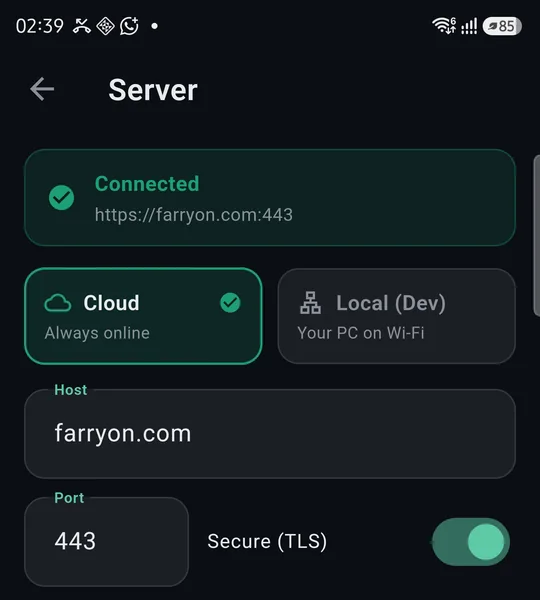 Server: Cloud selected, farryon.com, port 443, secure