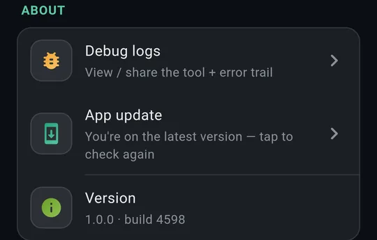 About: Debug logs, App update, Version