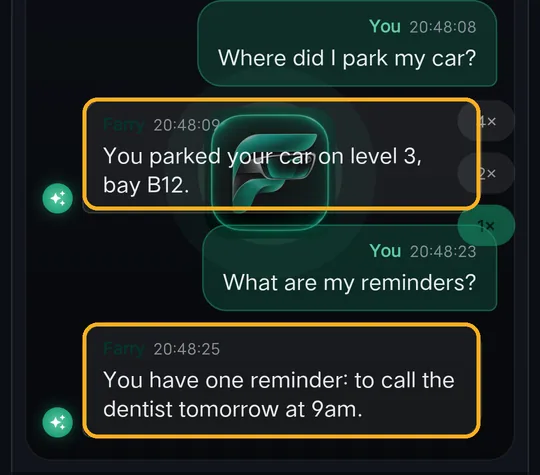 Farry answers where the car is parked and lists reminders