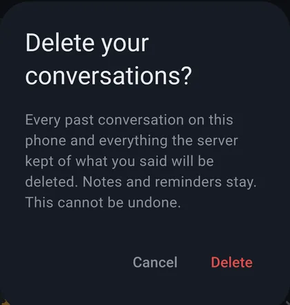 Delete your conversations? dialog with Cancel and Delete
