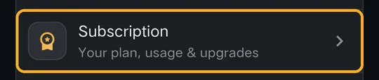 Settings: Subscription, Your plan, usage and upgrades