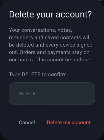 Delete your account? Type DELETE to confirm